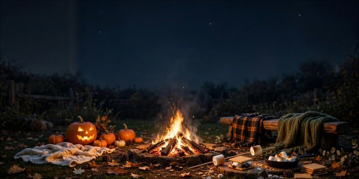 Halloween Campfire Blankets Pumpkins and Jack O Lanterns at Night