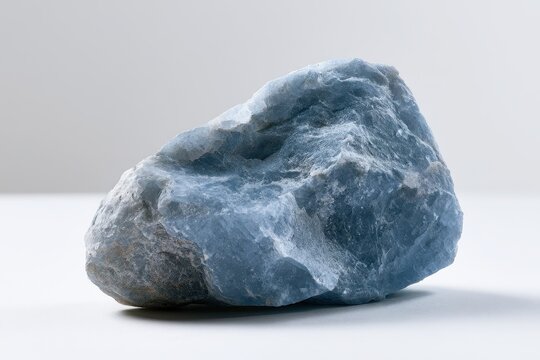 Natural Angelite mineral specimen resting on white background with translucent crystal detail