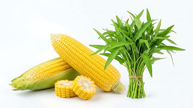 Fresh corn cobs with husks and green leafy vegetable bundle display