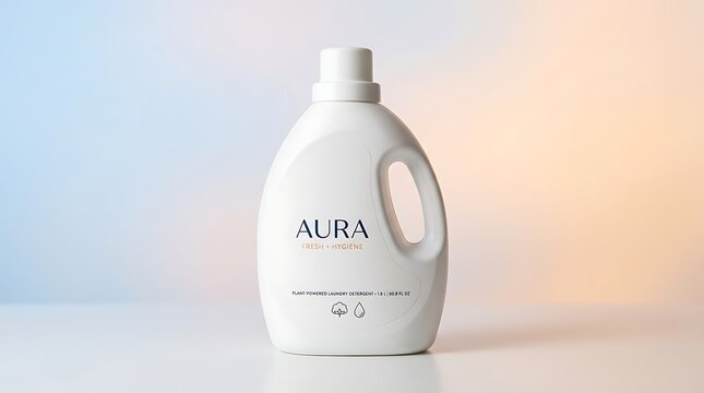 White laundry detergent bottle labeled fresh hygiene on light gradient background