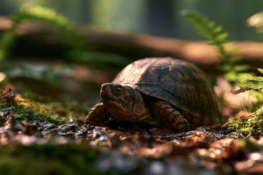 Natural habitat study: turtle on leaf litter with textured shell and calm forest setting