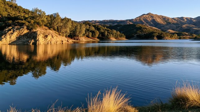 Natural landscape of Cachuma Lake with serene water, rocky shoreline and distant hills