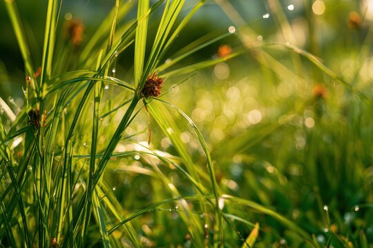 Natural lawn with nutsedge weed under warm morning light