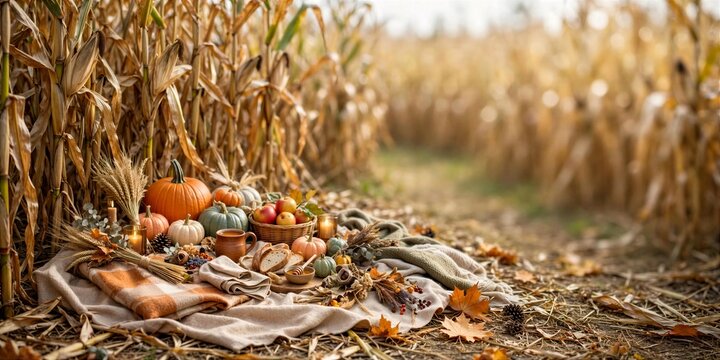 Halloween Cornfield Picnic with Pumpkins and Autumn Food