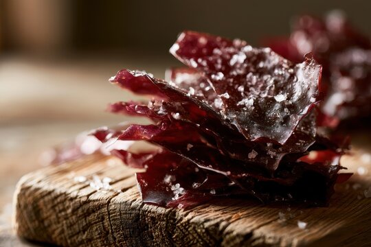 Natural light image of salted dulse strips, burgundy seaweed on wood, healthy coastal snack