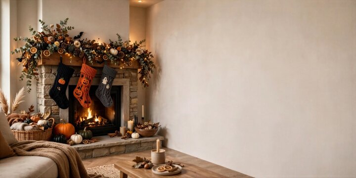 Halloween Fireplace with Stockings Pumpkins Garland and Copy Space