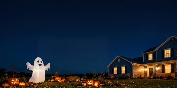 Halloween Front Yard Inflatable Ghost with Jack O Lanterns at Night