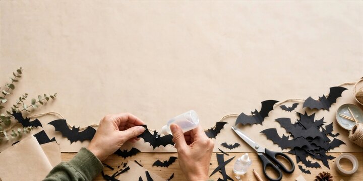 Halloween Hands Crafting Paper Bats on Beige Halloween Workspace