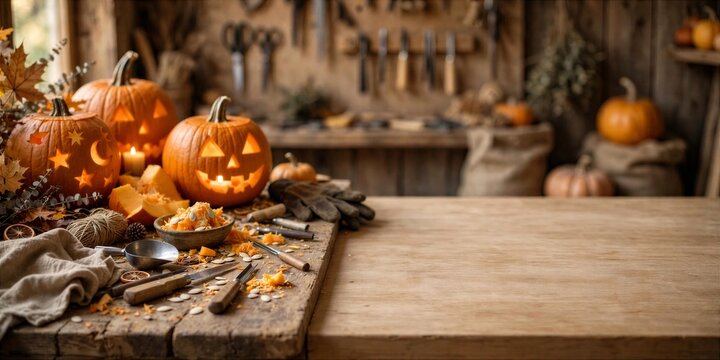 Halloween Jack O Lantern Table with Pumpkins and Wooden Copy Space