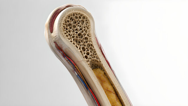 Osteopenia bone anatomy with mild low bone density, photorealistic medical 3D render showing preserved structures and copy space for healthcare, radiology, medical education, and patient awareness use