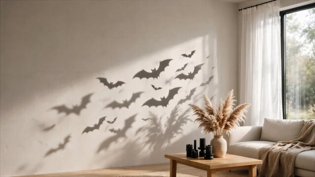 Halloween Living Room Wall with Bat Shadows and Pampas Decor