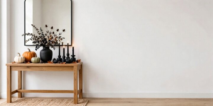 Halloween Minimal Console Table with Pumpkins Black Candles and Branches