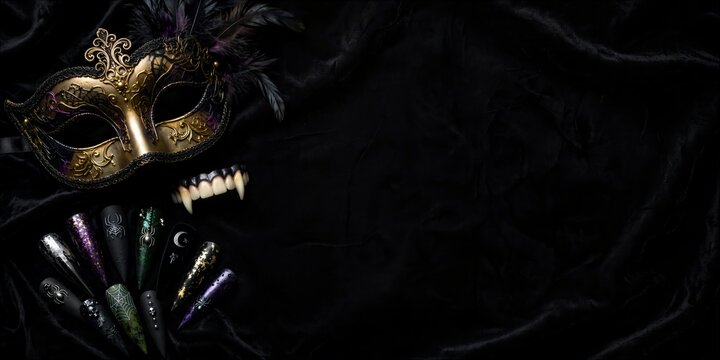 Halloween Masquerade Mask and Makeup on Dark Fabric