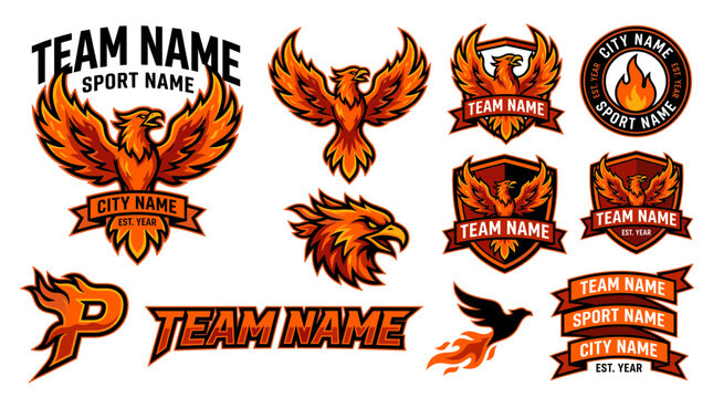Phoenix mascot esport logo set with fire bird illustrations for sports teams and gaming clubs on white background