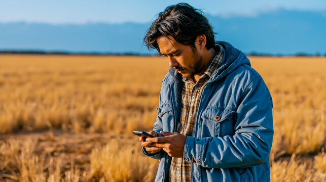 A man in a blue jacket is looking at his cell phone while standing in a field
