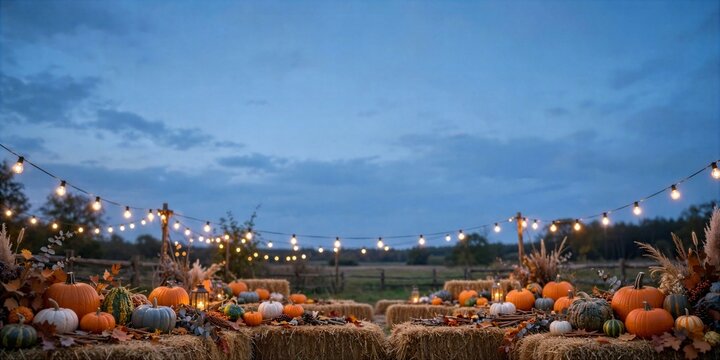 Halloween Outdoor Pumpkin Patch Party with String Lights at Dusk
