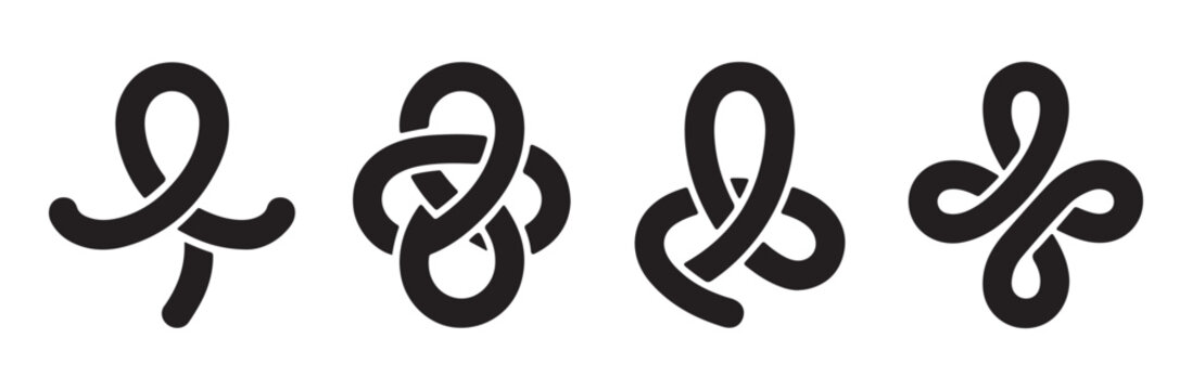Set of intricate black ribbon knot designs for artistic decorative elements isolated on transparent background.