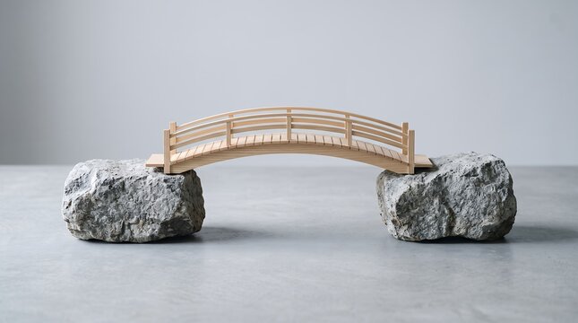 Minimalist wooden arch bridge connecting two rough granite rocks in studio