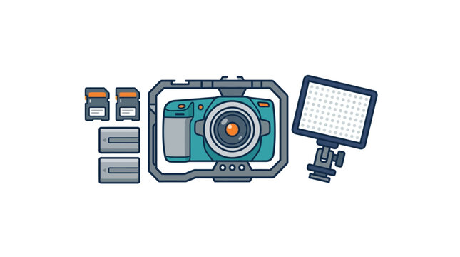 Flat vector illustration of a professional videography camera kit set.
