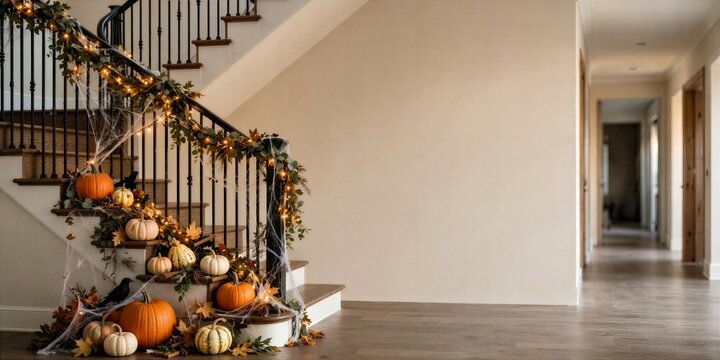 Halloween Staircase Decorated with Pumpkins Garland and String Lights