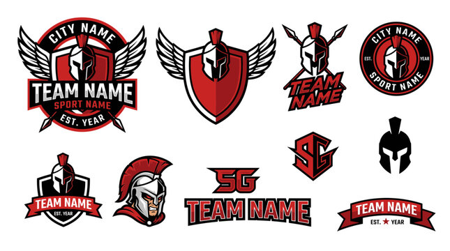 Spartan warrior mascot logo set for sports and esports team branding, featuring gladiator helmets, shields, wings, and spear emblems in red and black.