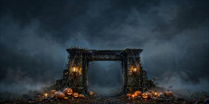 Halloween Stormy Haunted Gate with Pumpkins and Dark Sky