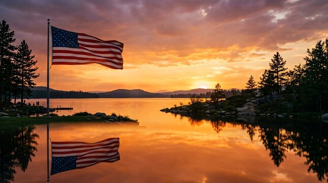 American flag waving at sunset over a tranquil lake with water reflection, pine trees, and glowing sky for Labor Day.