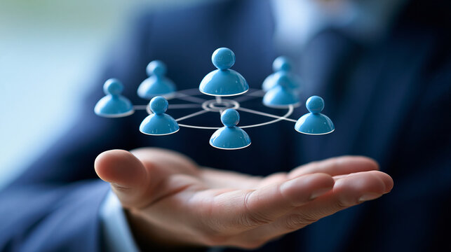 Business administration concept, close-up of businessman hand holding organizational management icon, defocused background, with copy space