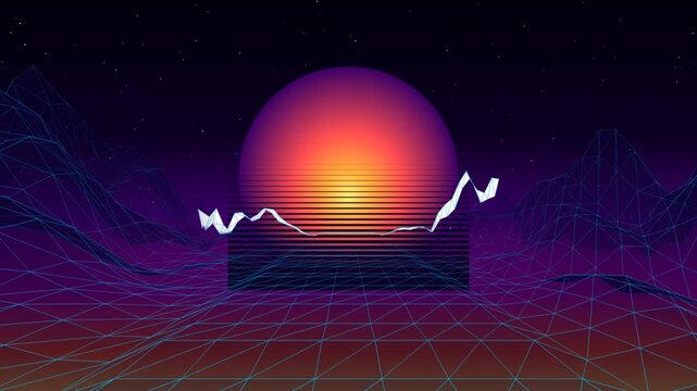 Retro futuristic synthwave background with glowing sun and neon wireframe landscape in motion.