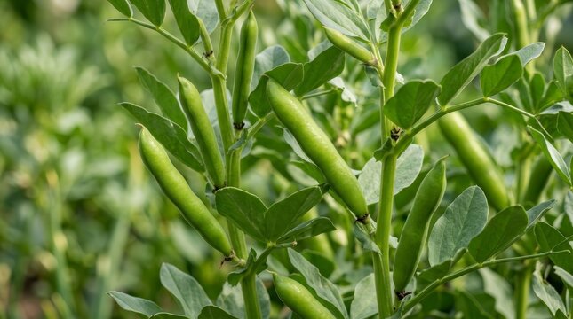 Healthy broad beans and green pods maturing on a Vicia faba plant.