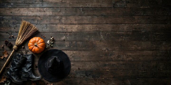 Halloween Witch Broom Black Hat and Pumpkin on Wooden Floor