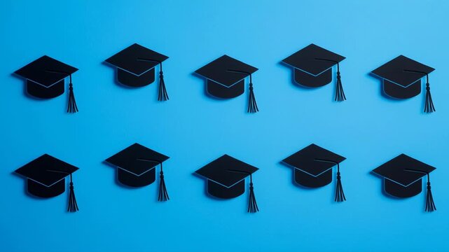 Graduation caps arranged symmetrically on a vibrant blue background symbolizing academic achievement and success