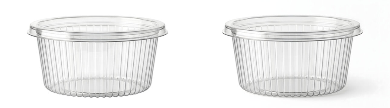 Clear plastic container with ribbed texture and fitted lid designed for food packaging and takeout storage shown in PNG, Transparent and White Background Versions