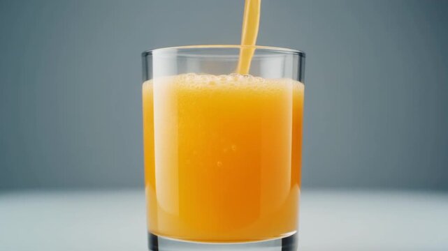 Slow motion pouring fresh vibrant orange juice into a clear glass on clean light background.