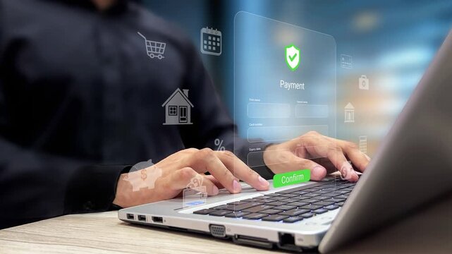 Fintech, Customer Paying Online Bills for Shopping, Online Banking, Mobile Payments. Customer Looking at Credit Card Landing Page after Online Purchase. Secure Transaction Convenience. 4K Video
