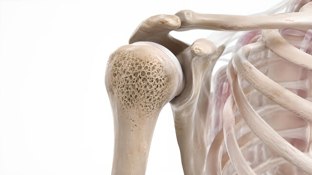 Osteopenia bone anatomy with mild low bone density, photorealistic medical 3D render showing preserved structures and copy space for healthcare, radiology, medical education, and patient awareness use