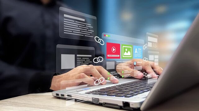 Website Link Building, Content Backlink Strategy, SEO Growth, Improved Rankings, Organic Traffic Boost, Digital Visibility Tactics. Website Page with Backlink Pages on a Laptop Virtual Screen.4K Video