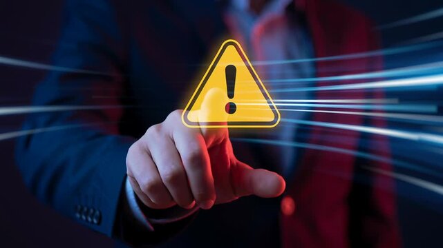 Digital warning sign highlights risk management in AI cybersecurity and cloud computing automation technology for advanced threat detection and secure data protection systems