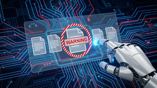 Robotic hand interacts with digital interface showing warning sign symbolizing AI cybersecurity risk management in cloud computing automation detecting threats on file icons