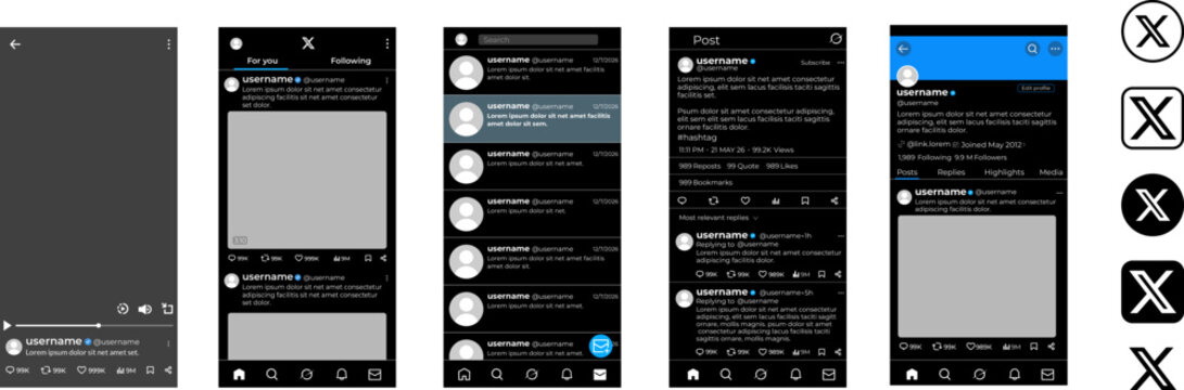 X social media layout, dark mode app interfaces for microblogging, post vector templates with clean mobile UI design
