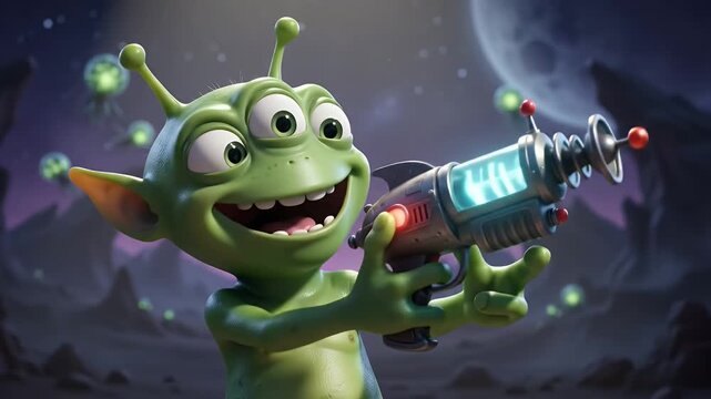 Green Cartoon Alien with Three Eyes and Laser Gun on Extraterrestrial Planet with Moon and UFOs