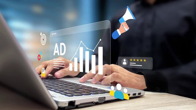 Drive Audience with Paid Ads, Social Media Ad Campaign. Paid Reviews, Inbound Marketing Strategy, Brand Promotion. Entrepreneur Analyzing Ads Progress on Laptop Virtual Screen. 4K Video