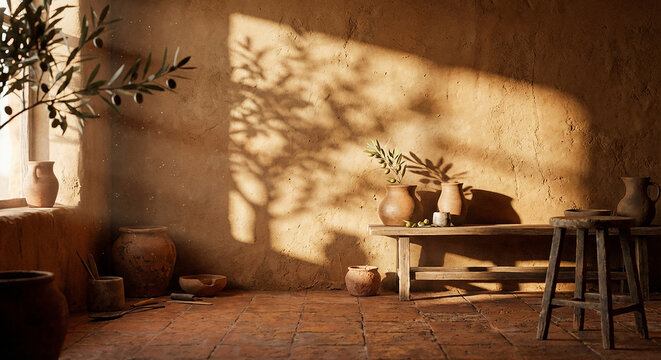 Warm rustic room interior with sunlight shadows, earthen pottery, and wooden shelves, perfect for natural living and artisanal product display