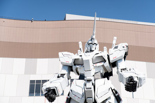 TOKYO, JAPAN - Mar 30, 2024 RX-0 Unicorn Gundam statue in normal mode located at Diver City Tokyo Plaza Tokyo, Odaiba