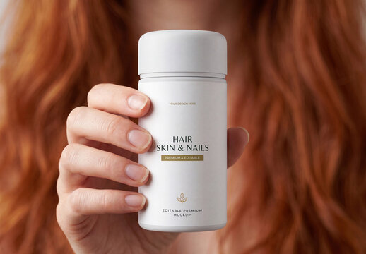 Woman Hand Holding Beauty Supplement Bottle Mockup