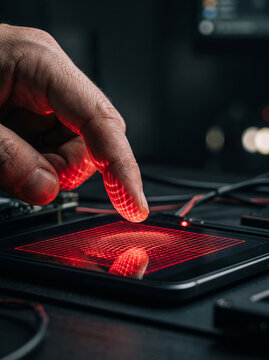 Scanning Fingerprint with Red Grid Scanner in Dark Cyber Security Lab
