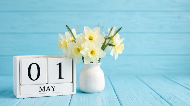 A white wooden block calendar displaying May 1 and fresh daffodils on a blue wooden surface.