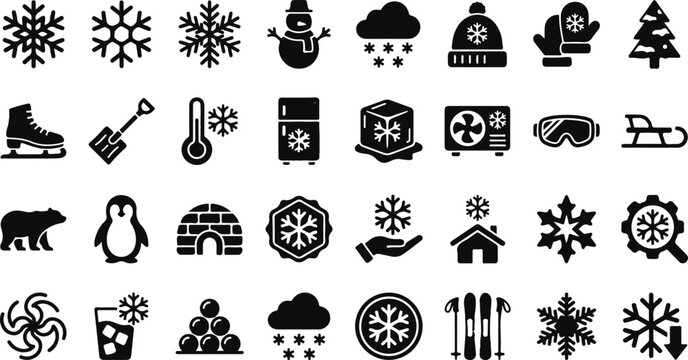 Collection of winter weather and holiday seasonal elements in a black and white graphic icon set silhouette