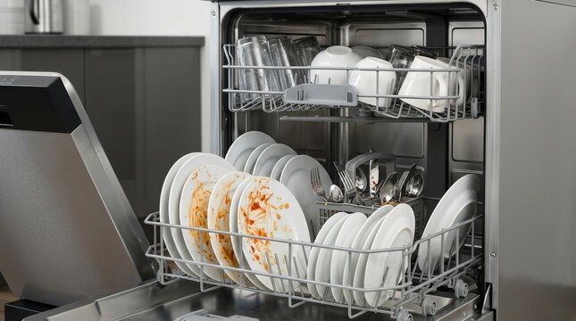 Loading used plates, glasses, and silverware into a domestic dishwasher.