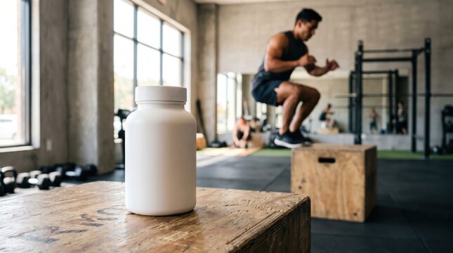 White bottle with supplements on wooden box in gym. Athlete man jumping on plyobox in background. Healthy lifestyle, sports nutrition, fitness motivation and muscle recovery concept.